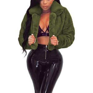 Women's Winter Faux Fur Long Sleeve Jacket Shaggy Open Front Cardigan Army Green